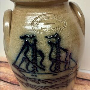 Beaumont Pottery York Maine Stoneware Crock Vase Blue Ship Design Handcrafted
